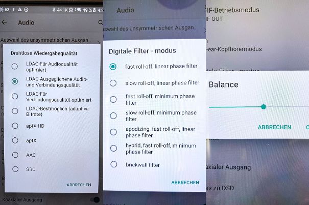 Links die ganz grosse «Bluetooth-Sause». 7 Digitalfilter stehen zur Auswahl (Mitte). Das Gerät verfügt über eine zentrale Balance-Regelung in den Einstellungen (rechts).