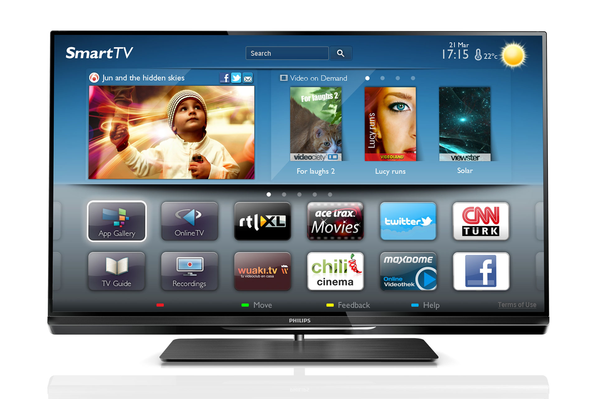 Der Homescreen mit dem TV-Programm, den Empfehlungen für Apps, TV-Shows, oder Video-on-Demand und unten den vom Nutzer bevorzugten Apps