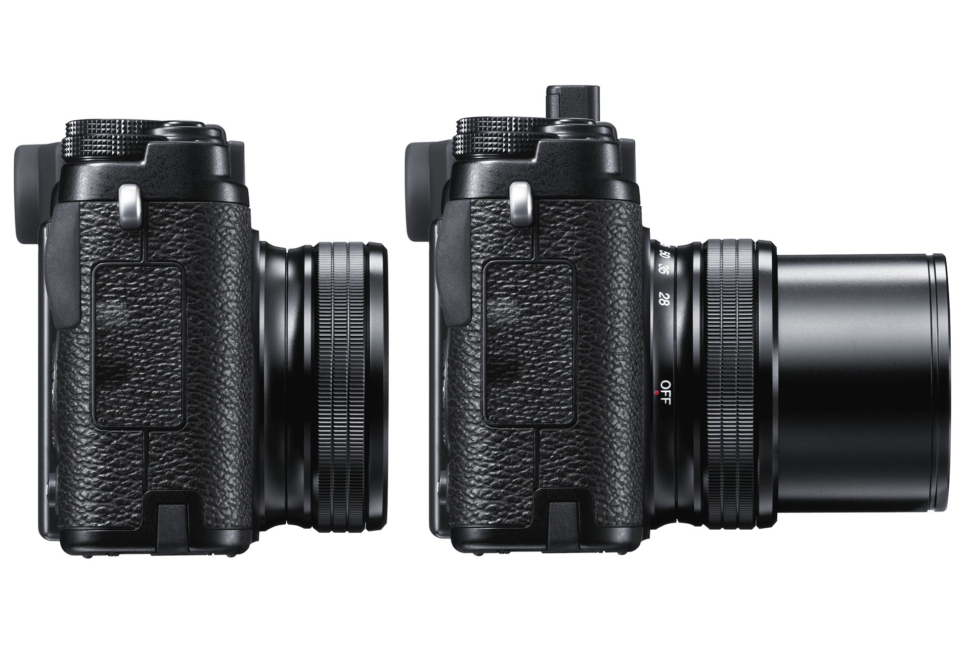Links ist die X10 in ausgeschaltetem Zustand mit eingezogenem Objektiv, das immer noch rund zwei Zentimeter herausragt. Rechts befindet sich das Zoom in 112 mm-Stellung.