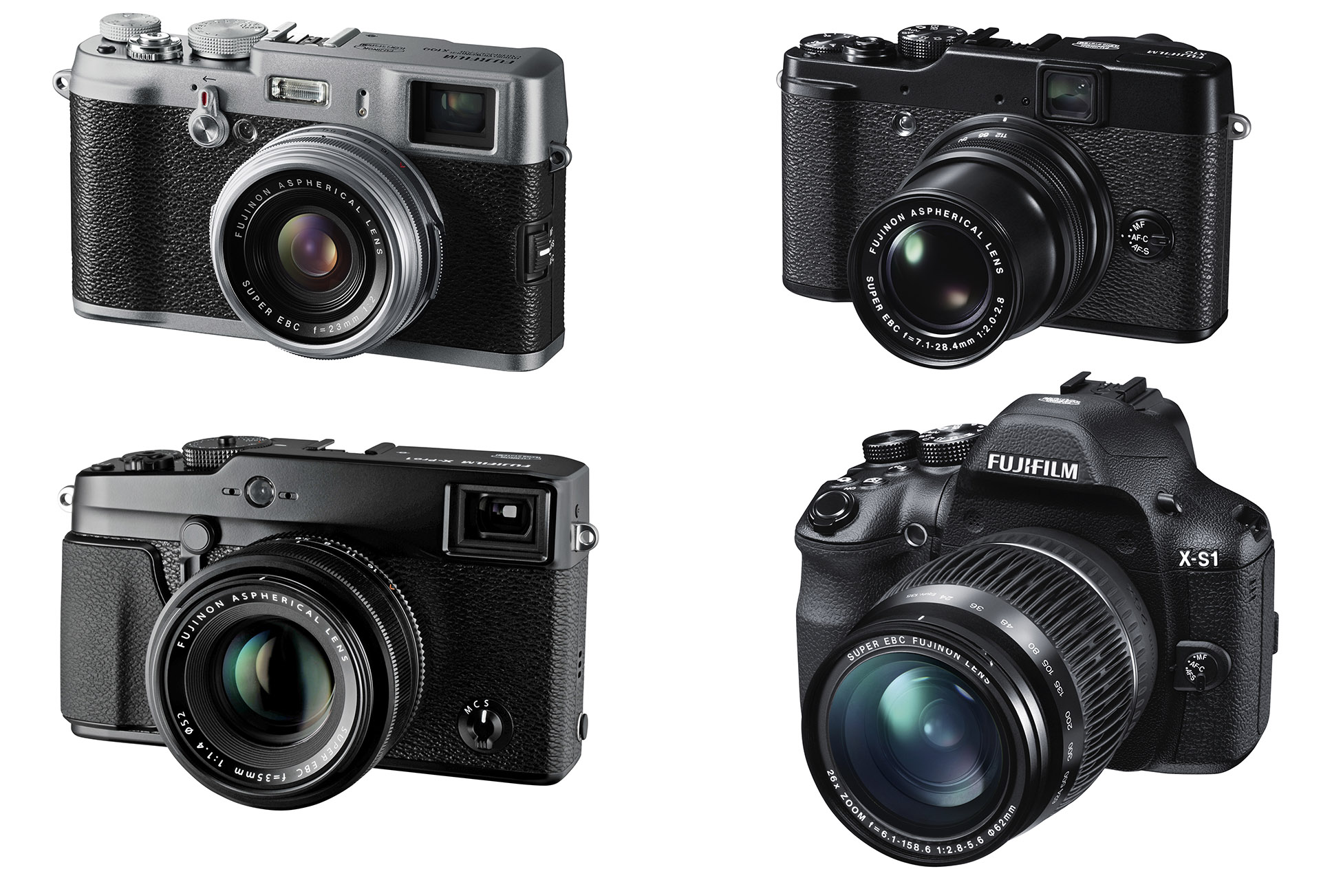 Die X-Familie: oben links die X100 und rechts daneben die getestetes X10.
Links unten die neue X-Pro1 Systemkamera und rechts unten, die aus der Art geschlagene Bridge-Kamera X-S1.