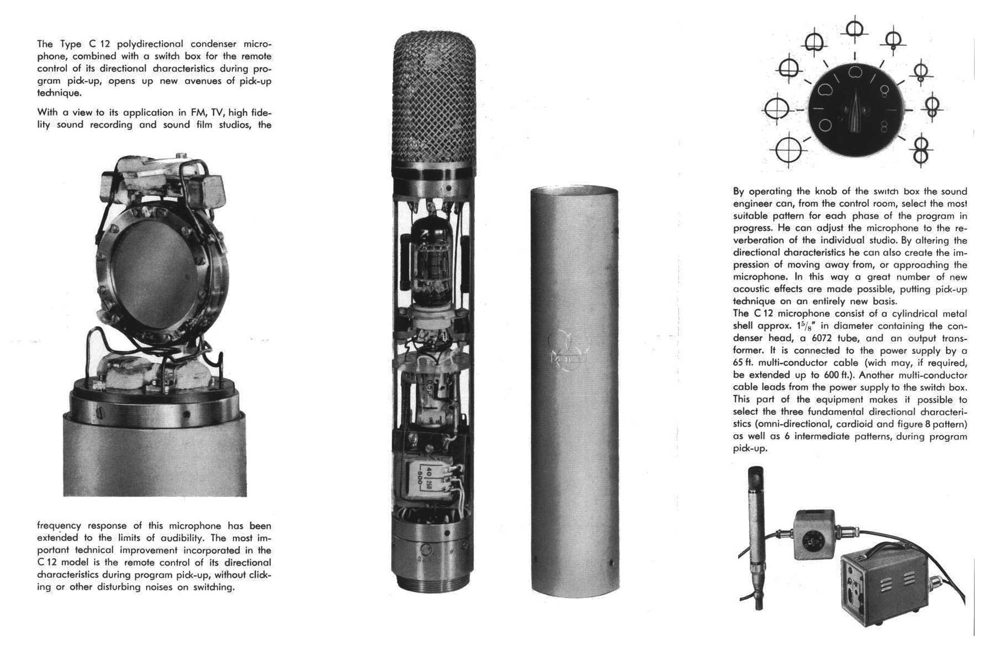 Das C12 aus dem Jahre 1953 war das erste Grossmembranmikrofon von AKG, dessen Richtcharakteristik ferngesteuert umgeschaltet werden konnte.