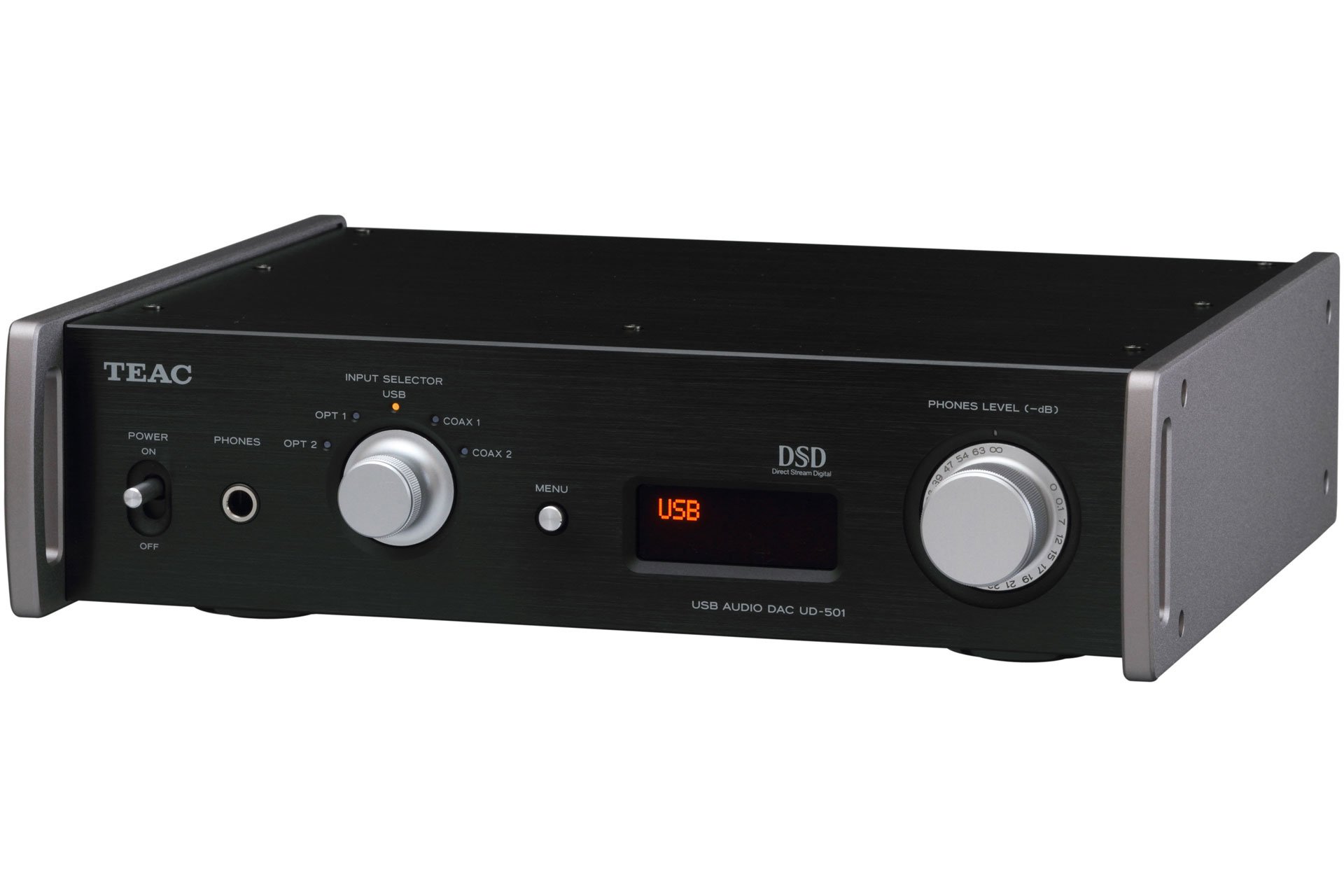 Der UD-501 ist ein Dual Mono DSD-kompatibler D/A-Wandler mit einer Auswahl an analogen und digitalen Filtern für die DSD/PCM- und USB-Wiedergabe. Die Ausgabe des aufbereiteten Signals erfolgt wahlweise über die optischen, koaxialen, symmetrischen XLR oder ansymmetrischen Cinch-Ausgänge – oder über
den Kopfhörer-Anschluss auf der Frontseite.