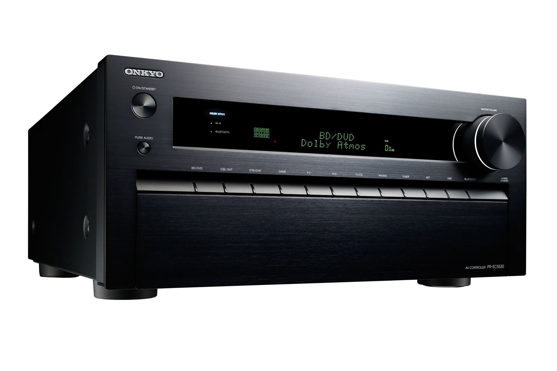Der PR-SC5530 ist ein 11.2-Kanal Netzwerk-AV-Controller. Er erlaubt die Konfiguration des Heimkinos vom 7.2.4-Kanal Dolby Atmos-System bis zum Mehrraum-System für Bild und Ton.