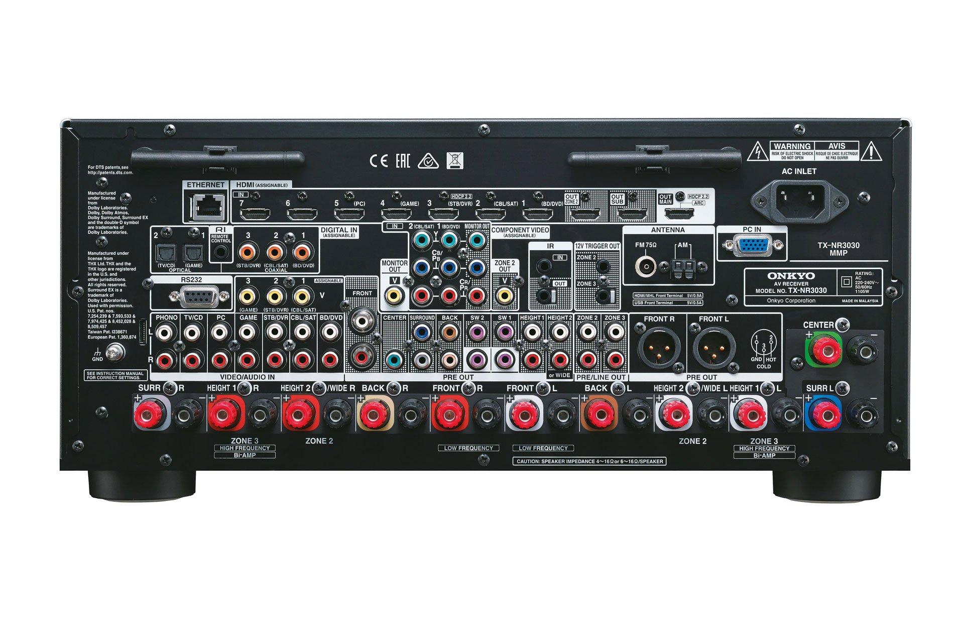 Videoverbindungen von Composite bis HDMI mit 4K, Netzwerk- aber auch Phono-Anschluss, symmetrische Stereoausgänge, 11 Lautsprecheranschlüsse: hier kann verkabelt werden.