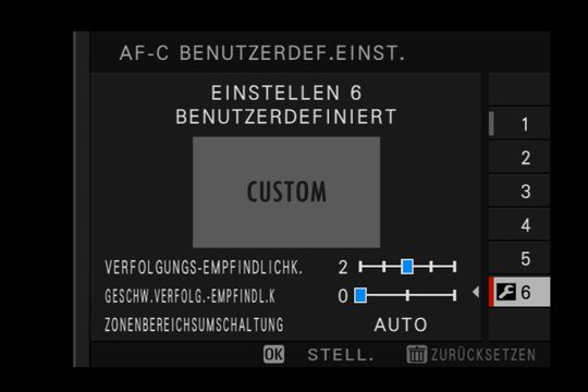 Fujifilm X-T2, Einstellung 6: Frei programmierbar; Anwender können alle drei Parameter selbst bestimmen.