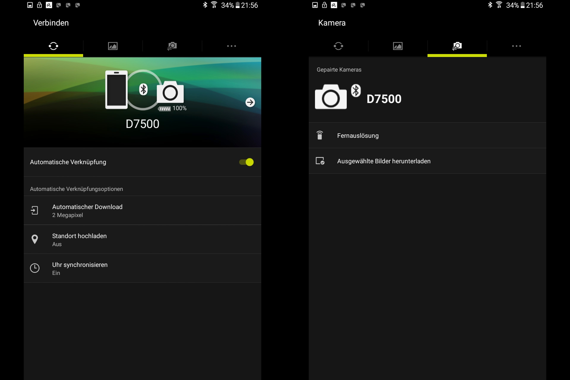 Nikon D7500: SnapBridge-App auf dem Smartphone. Auswahl zwischen Fernbedienung der Kamera oder Bilder-Up/Download. 