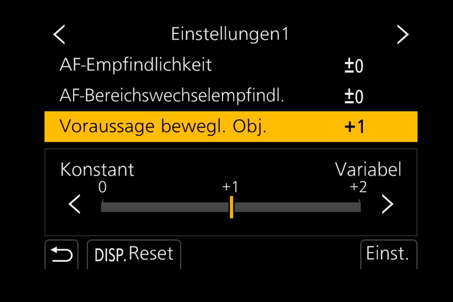 Panasonic Lumix G9: Jede der vier Einstellungen lässt sich über drei Parameter noch präziser ans eigene Motiv anpassen, hier Voraussage beweglicher Objekte. 
