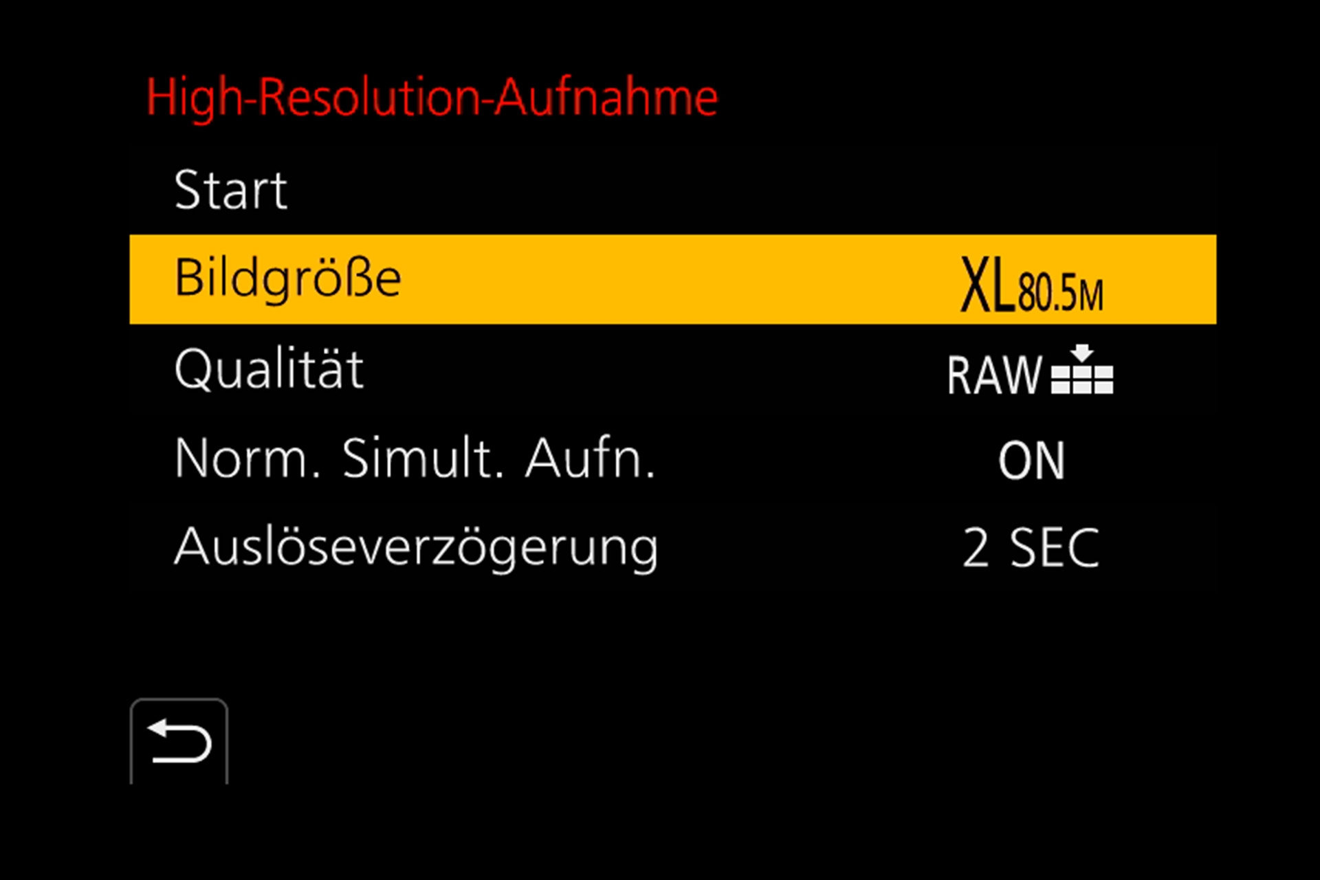 Panasonic Lumix G9: Neben der High-Resolution Grösse kann noch die Bildqualität (JPEG/RAW), ein zeitgleiches Foto in Standardgrösse und eine Auslöse-Verzögerung eingestellt werden.
