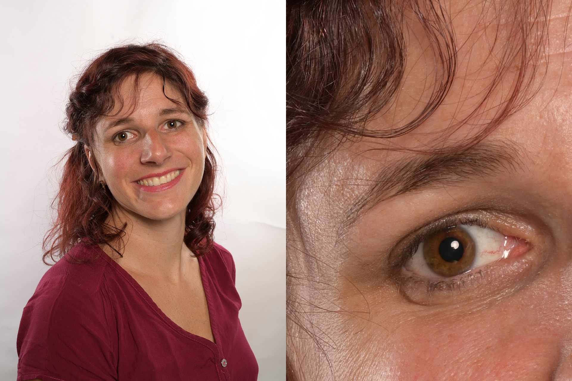 Nikon Z 7, Aufnahme im Studio mit Bildprofil Porträt. Auch ohne Augenerkennung lässt sich dank sehr kleinem AF-Feld die Schärfe aufs Auge legen. Rechts ein Bildausschnitt in 100 Prozent Darstellung. Nikkor Z 24–70 mm f/4 S, Brennweite 52 mm, f/10, 1/200 Sek., ISO 64.