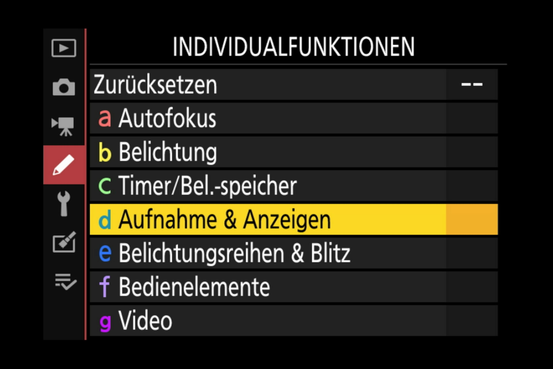 Nikon Z 7 Menüsystem: Die Individualfunktionen umfassen die meisten Einträge.