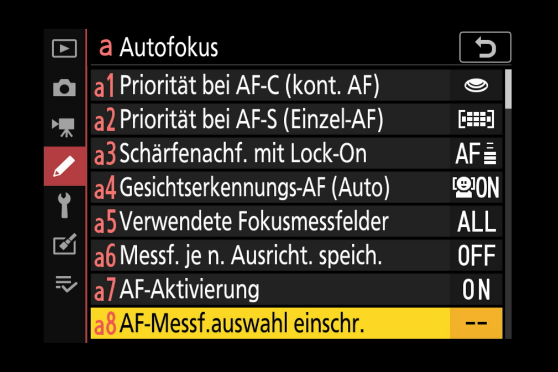 Nikon Z 7 Menüsystem: Die Autofokus-Parameter haben allein schon 12 Unterpunkte. Seite 1.