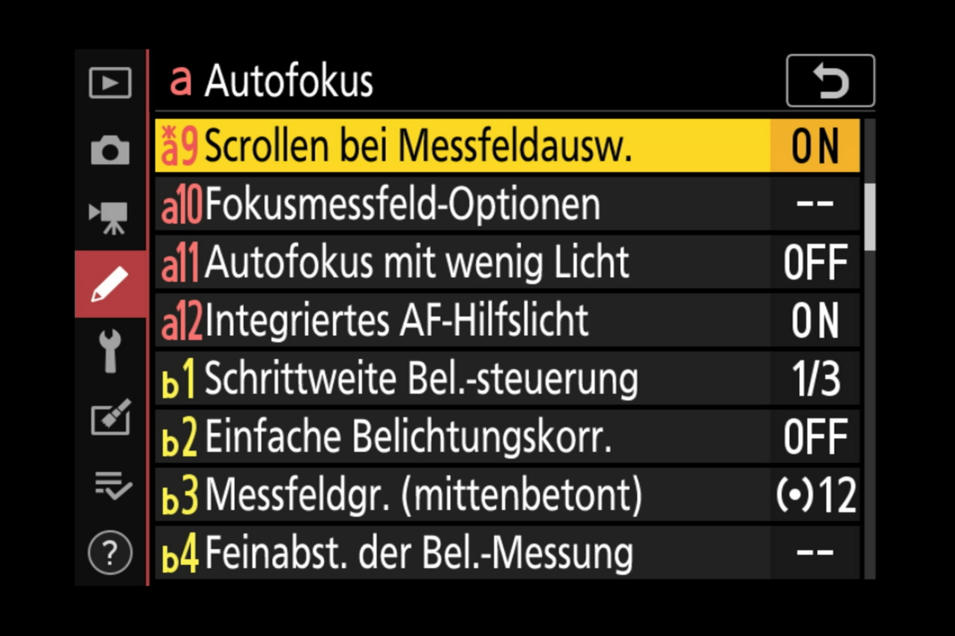 Nikon Z 7 Menüsystem: Die Autofokus-Parameter haben allein schon 12 Unterpunkte. Seite 2.