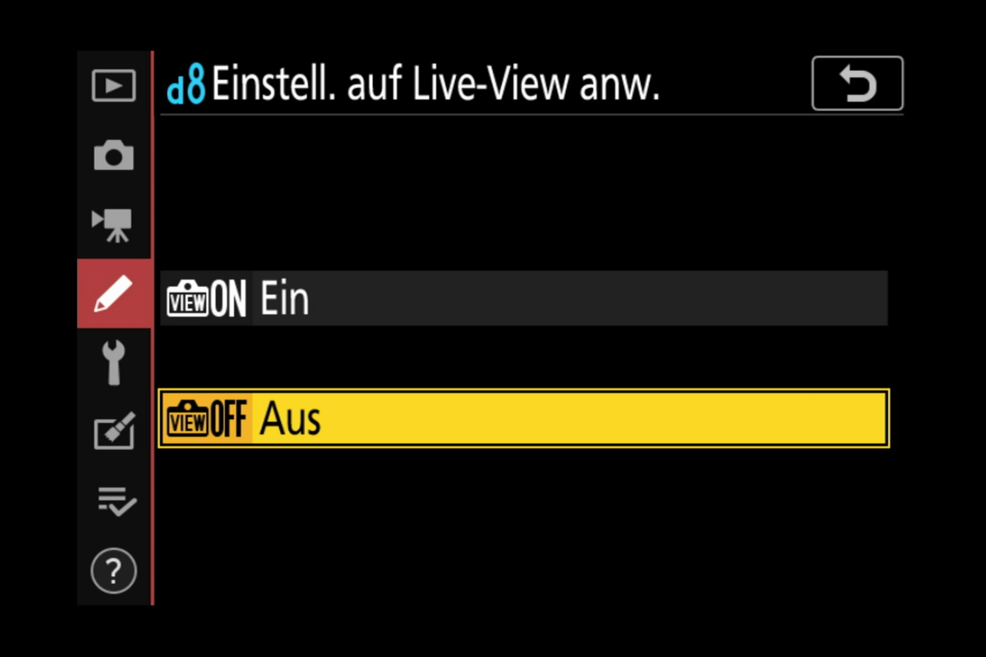 Nikon Z 7 Menüsystem: Wichtiger Punkt beim Einsatz von Studioblitzen ohne Einstelllicht - das Ausschalten des Live-View-Effektes.