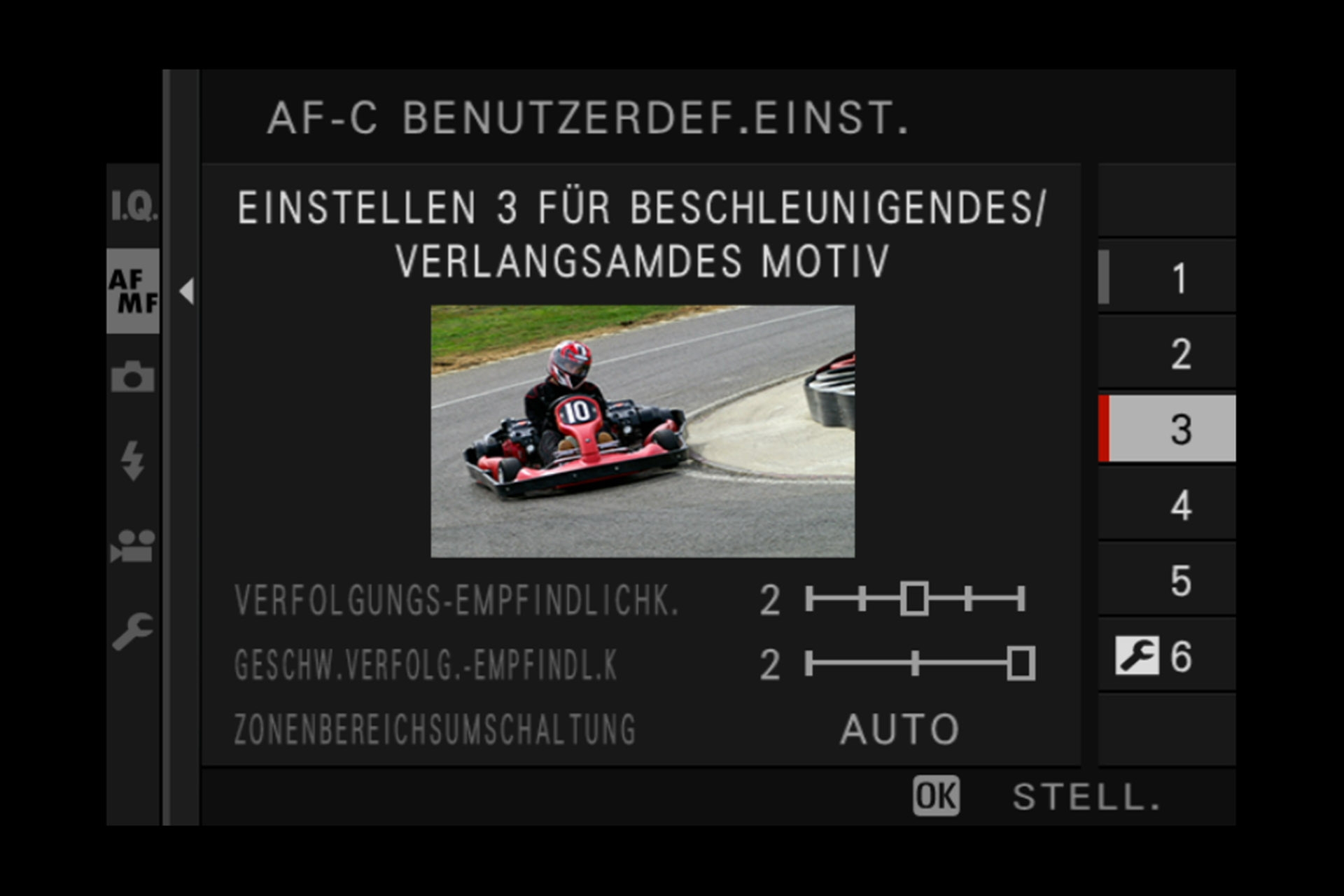 Einstellung 3: Autofokus kann plötzliche Beschleunigung oder abrupte Verzögerung erkennen, z.B. Motorsport, Fussball, Basketball. 