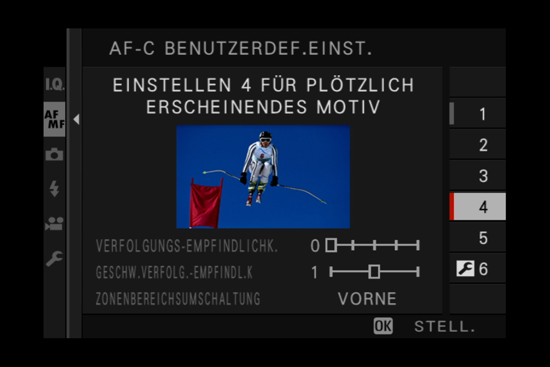Einstellung 4: Fokussiert schnell auf Objekte, welche plötzlich im Fokusbereich auftauchen, z.B. Skirennen, Extremsport. 