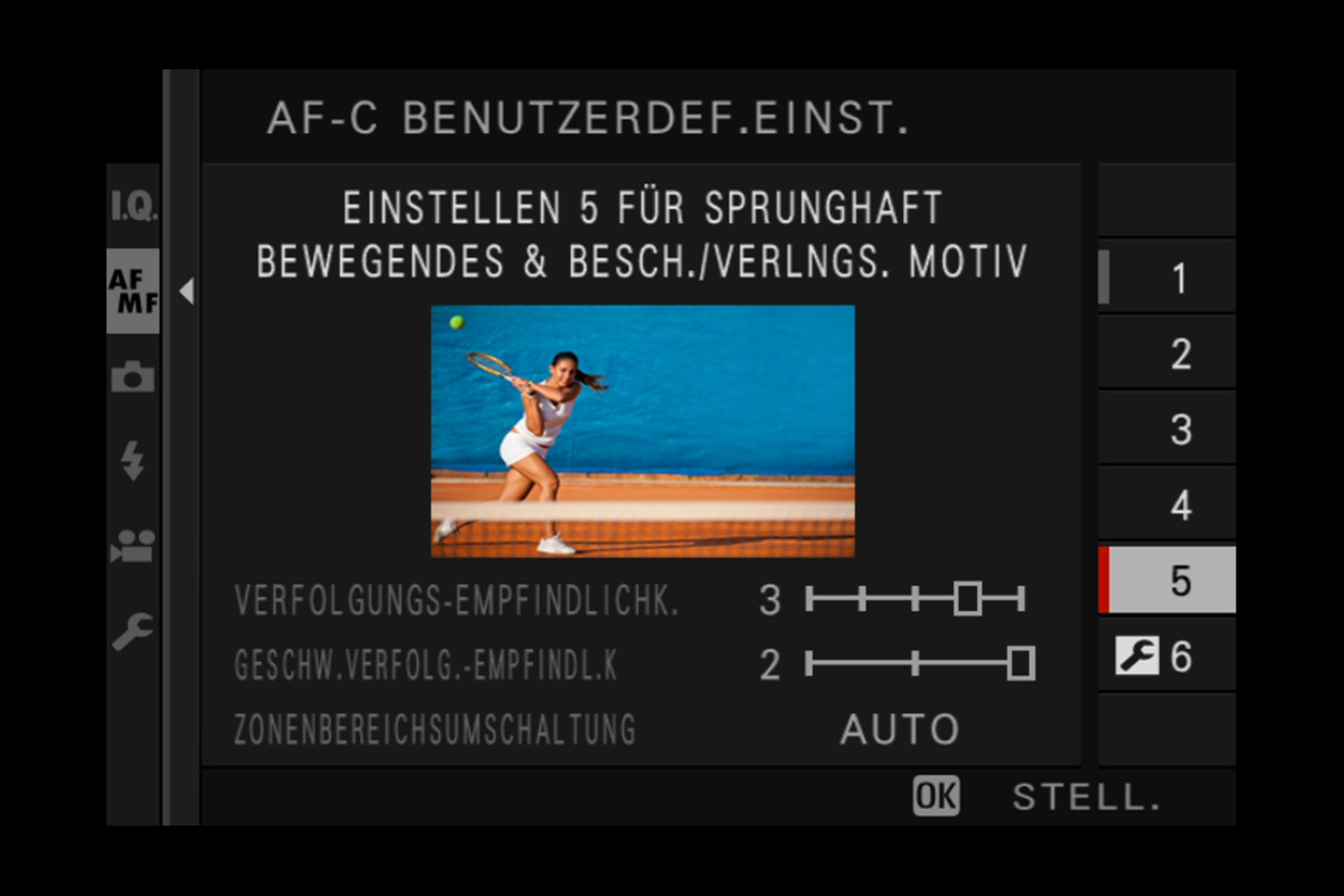 Einstellung 5: Anwendbar bei Objekten, welche die Geschwindigkeit wechseln und einen grossen Bewegungsraum haben (links, rechts, vorne, hinten), z.B. Tennis, Fussball. 