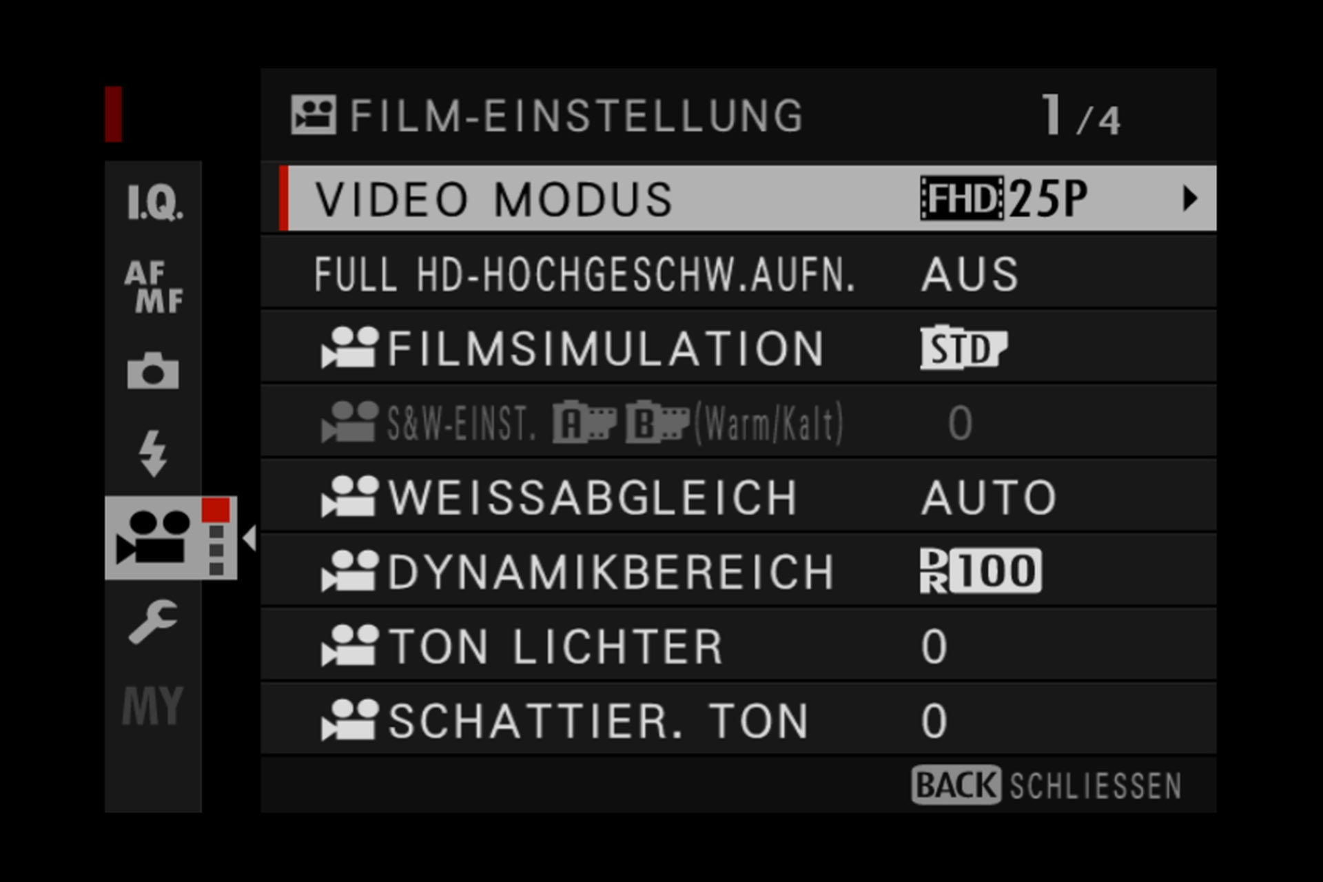 Videomenü 1: Generelle Einstellungen zu Auflösung, Codec, Komprimierung und Filmsimulation.
