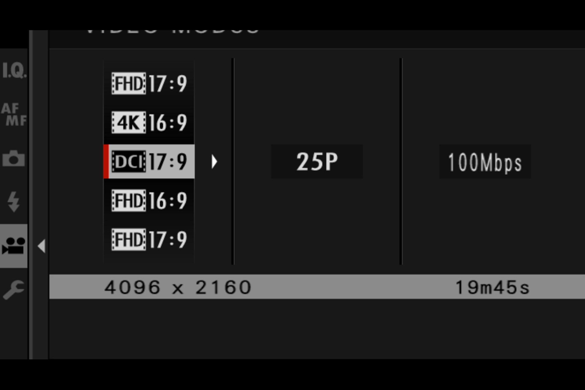 Videomenü 1, Untermenü Videomodus: Formate und Frameraten, 4K-Cinema DCI.