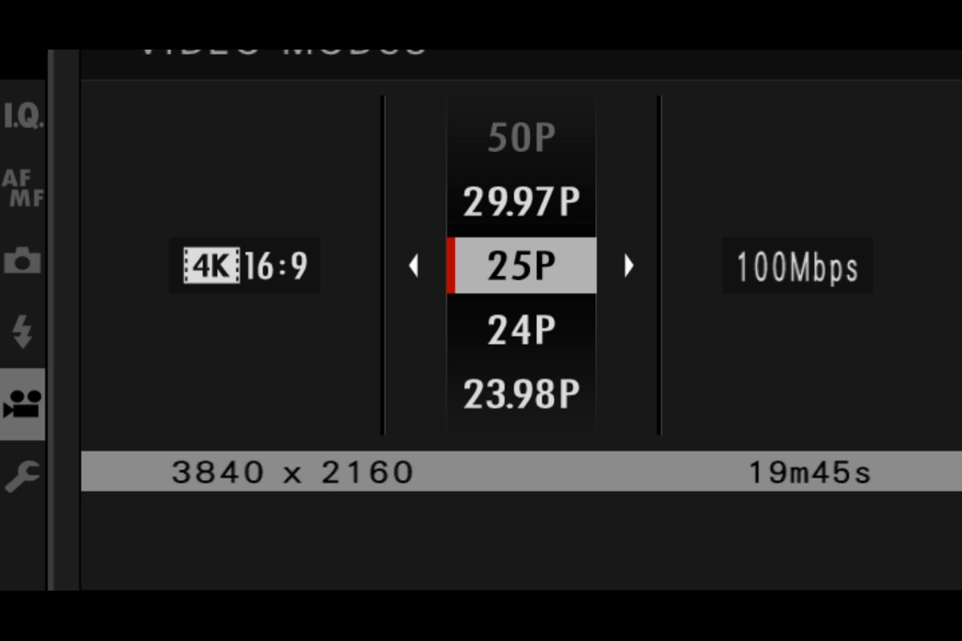 Videomenü 1, Untermenü Videomodus: Formate und Frameraten, 4K/UHD