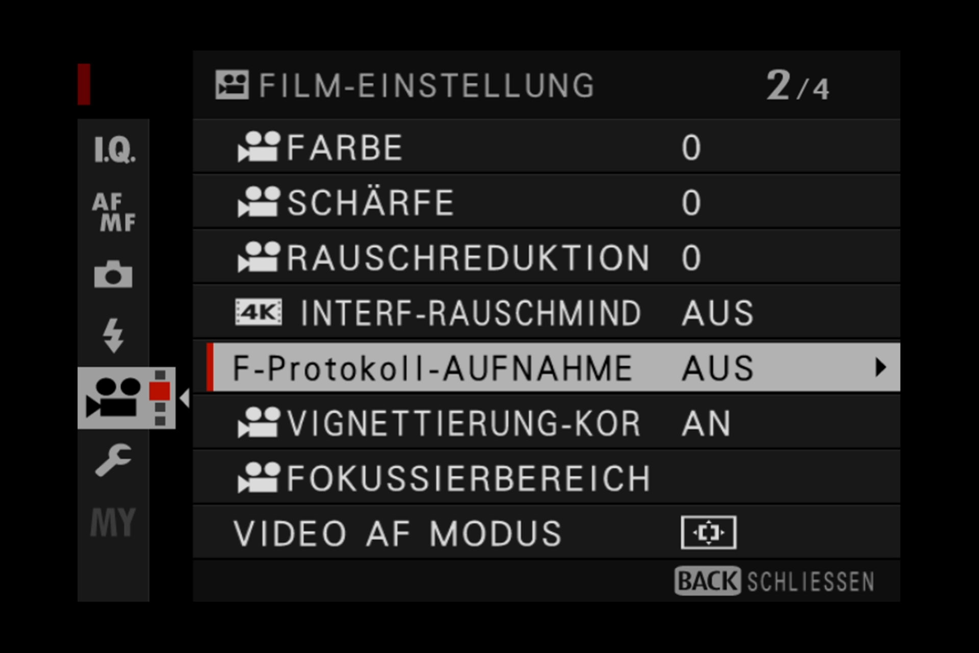 Videomenü 2: Videobild-Qualität. Mit F-Protokoll ist die F-Log-Aufzeichnung gemeint.