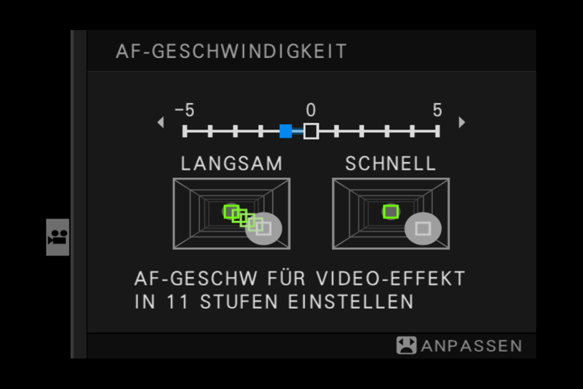 Videomenü 3, Untermenü Beschleunigungserfassung: Wie empfindlich reagiert die Verfolgung auf Änderung der Geschwindigkeit des Objekts?