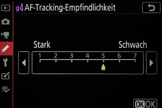 Individualfunktionen, Abschnitt g4, AF-Tracking-Empfindlichkeit