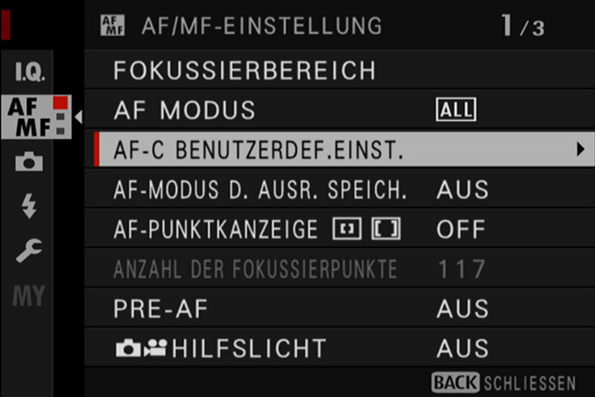 AF-C-Einstiegsmenü für benutzerdefinierte Einstellungen. 
