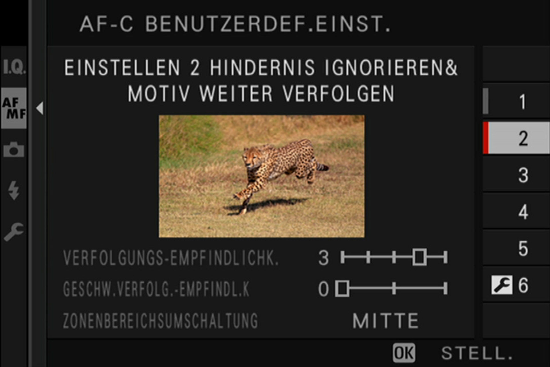 Einstellung 2: Verfolgung eines bestimmten Objektes, z.B. Tier oder Fahrzeug (plötzlich auftretende Hindernisse werden ignoriert, Hauptobjekt bleibt im Fokus). 