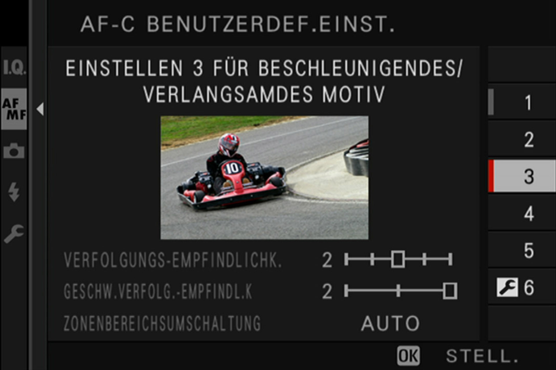 Einstellung 3: Autofokus kann plötzliche Beschleunigung oder abrupte Verzögerung erkennen, z.B. Motorsport, Fussball, Basketball. Die Rechtschreibung lässt zu wünschen übrig.