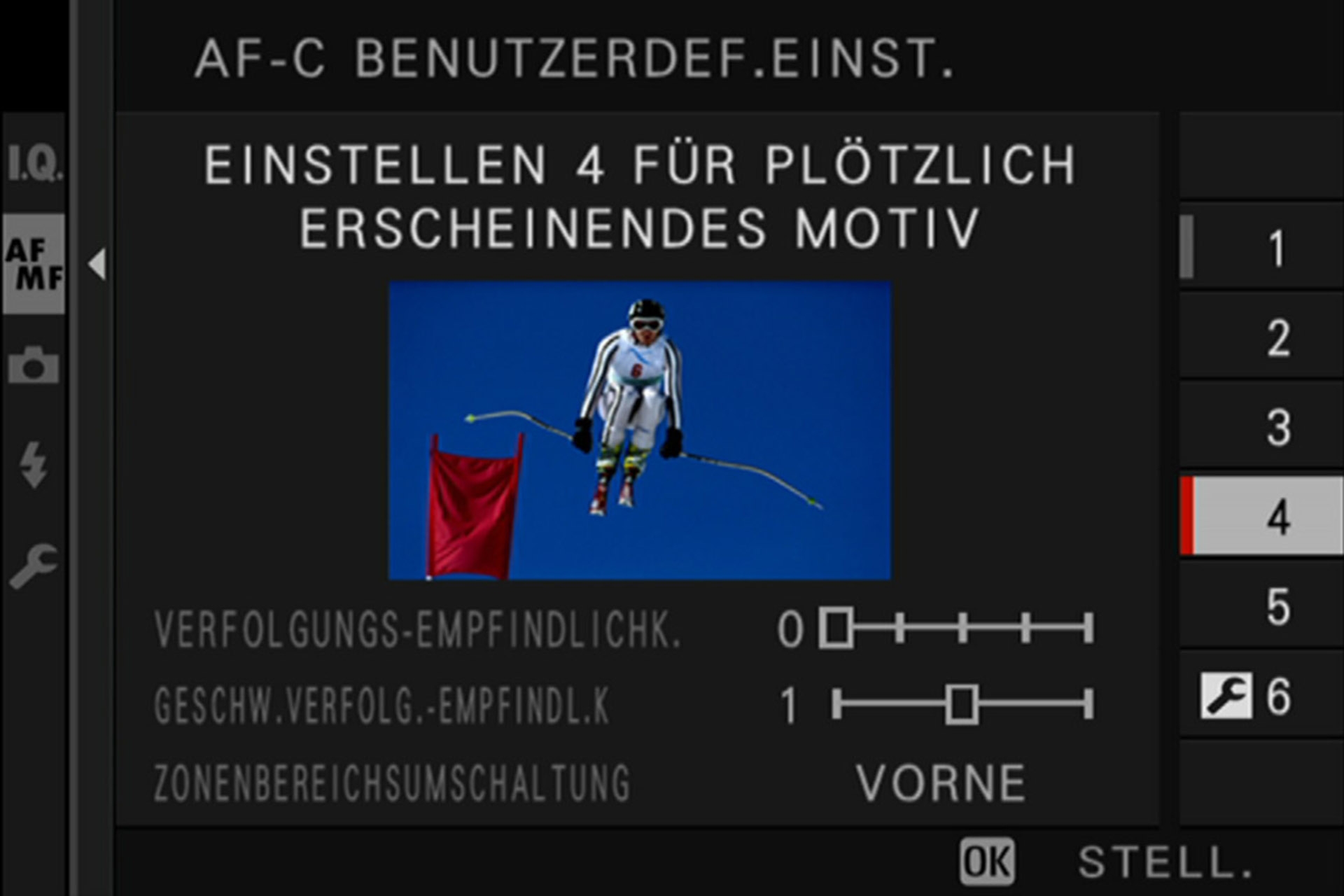 Einstellung 4: Fokussiert schnell auf Objekte, welche plötzlich im Fokusbereich auftauchen, z.B. Skirennen, Extremsport. 