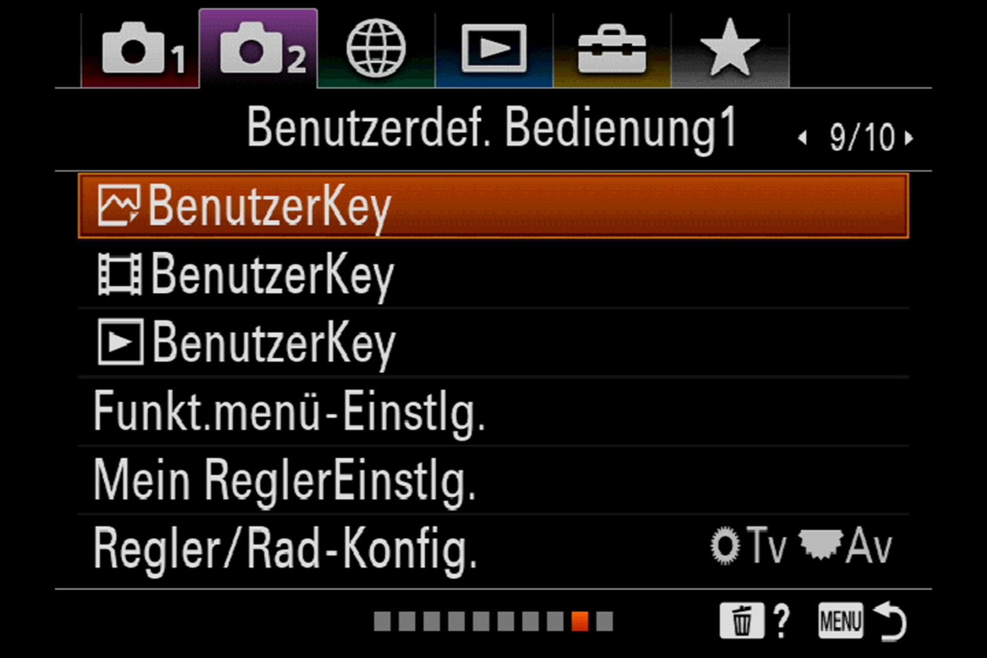 Menü für benutzerdefinierte Tasten, nach Foto, Video und Wiedergabe getrennt.