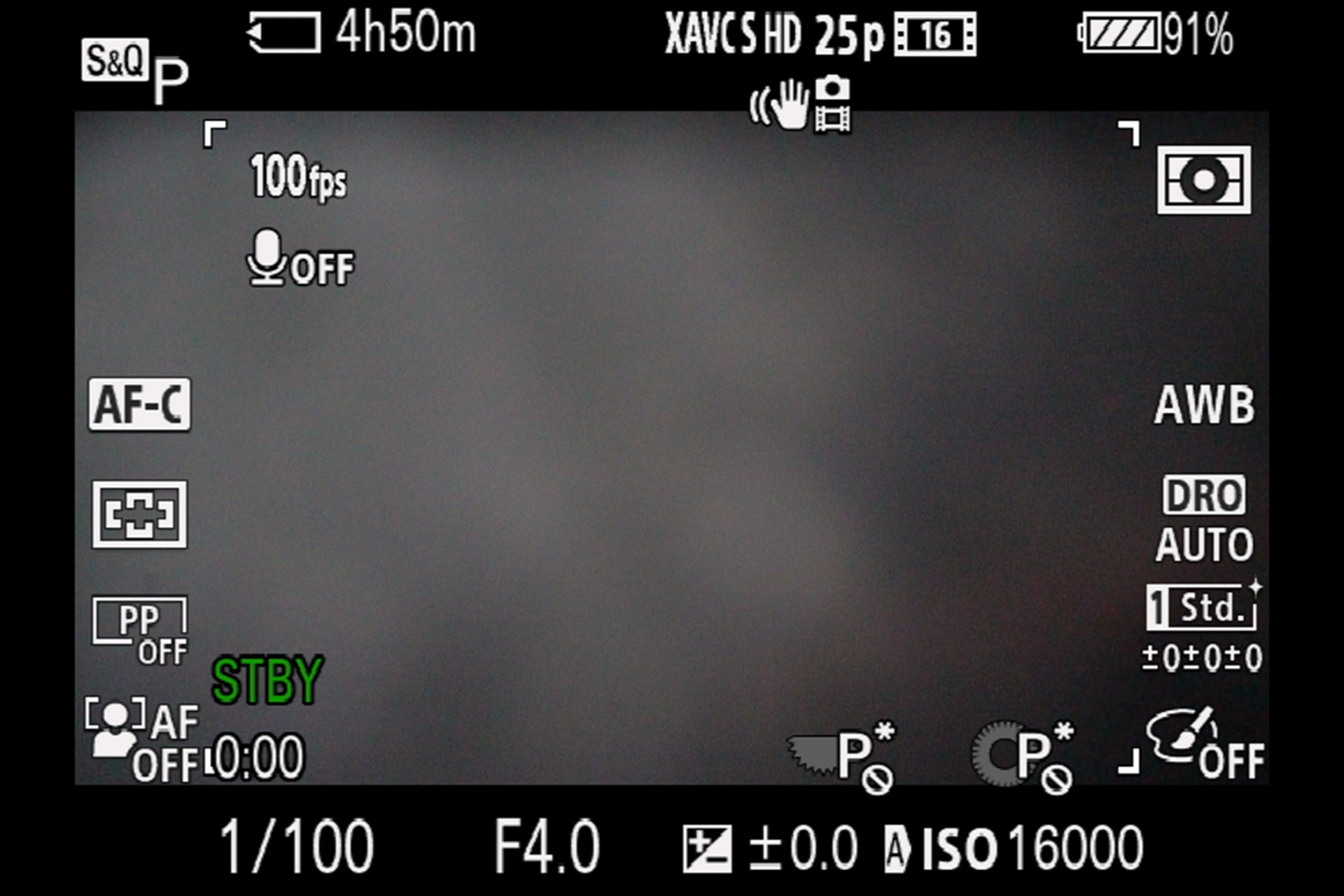 S&O, Slow & Quick Anzeige: Wird mit 100 fps in HD-Video aufgenommen, wird die Wiedergabe bei 25p um ein Viertel verlangsamt.