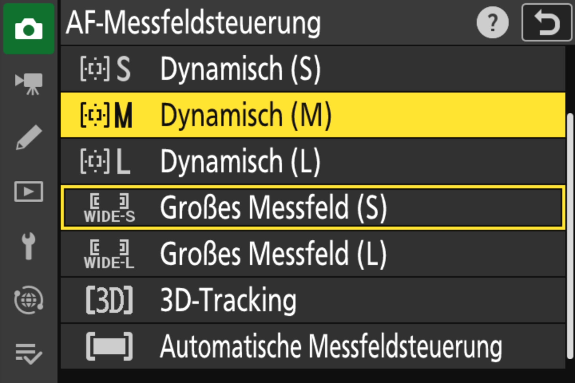 Menü für die Einstellung der AF-Messfelder.