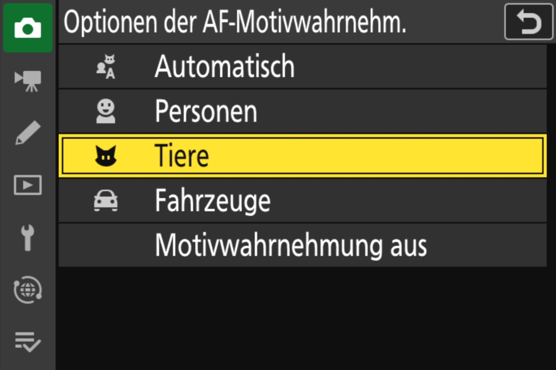 Menü zur Auswahl der Motiverkennung.