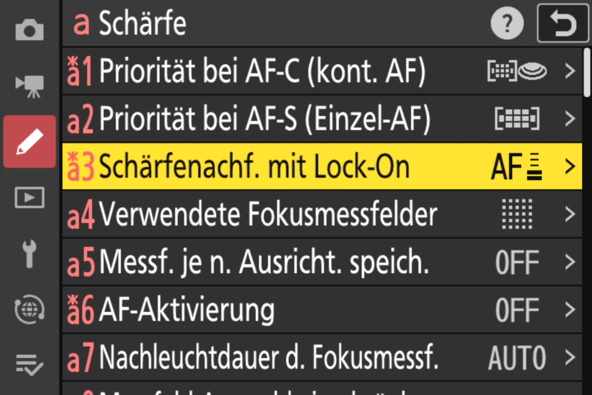 Menü zur Feineinstellung des AF-Verhaltens.