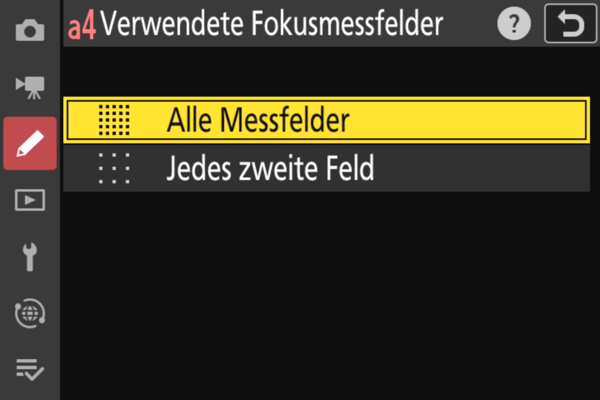 Menü zur Bestimmung der Anzahl Fokusmessfelder.