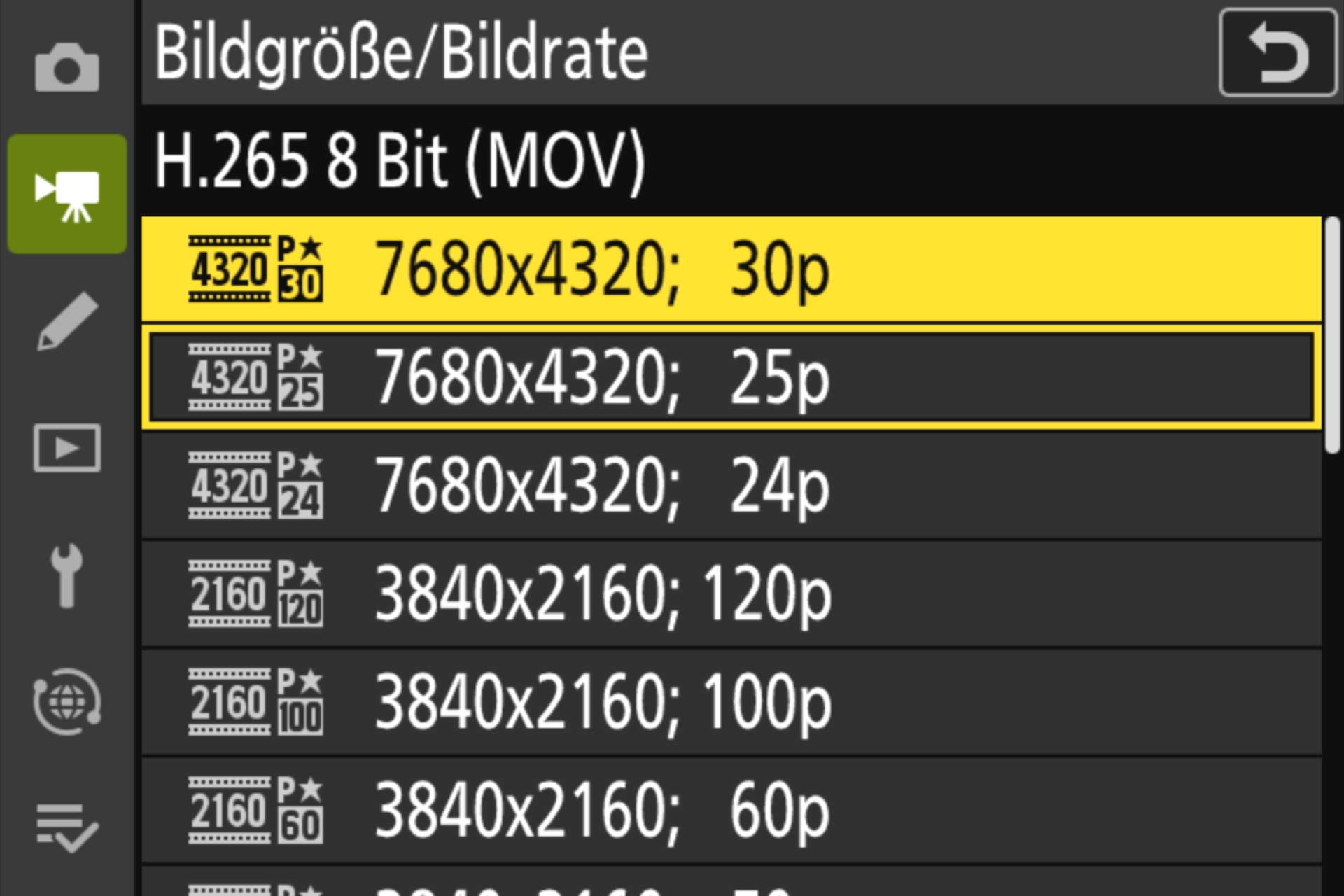 Videomenü, Bildgrösse Seite 1, 8K/UHD bis 4K/UHD.