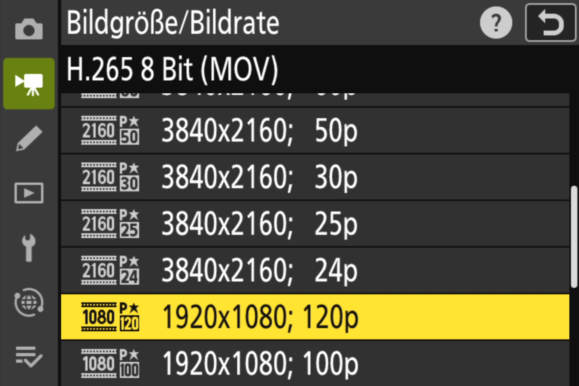 Videomenü, Bildgrösse Seite 2, 4K/UHD bis Full-HD.