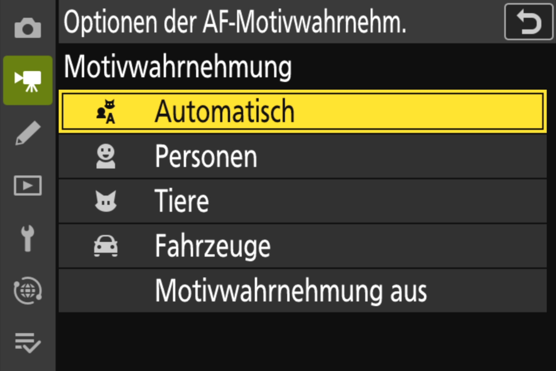 Videomenü, Autofokus-Motiverkennung auch beim Filmen.