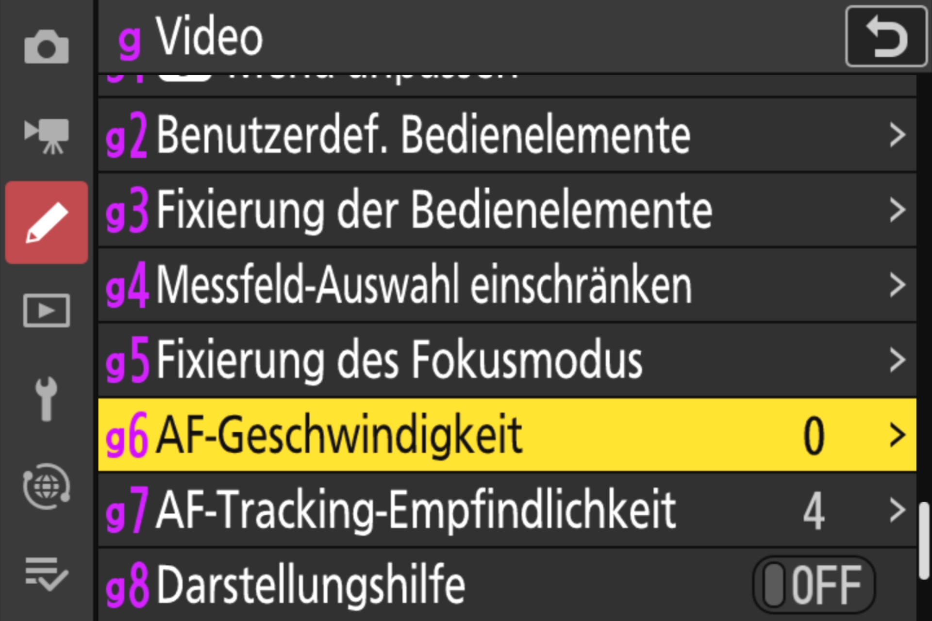 Individualfunktions-Menü, Autofokus-Feineinstellungen für Video.