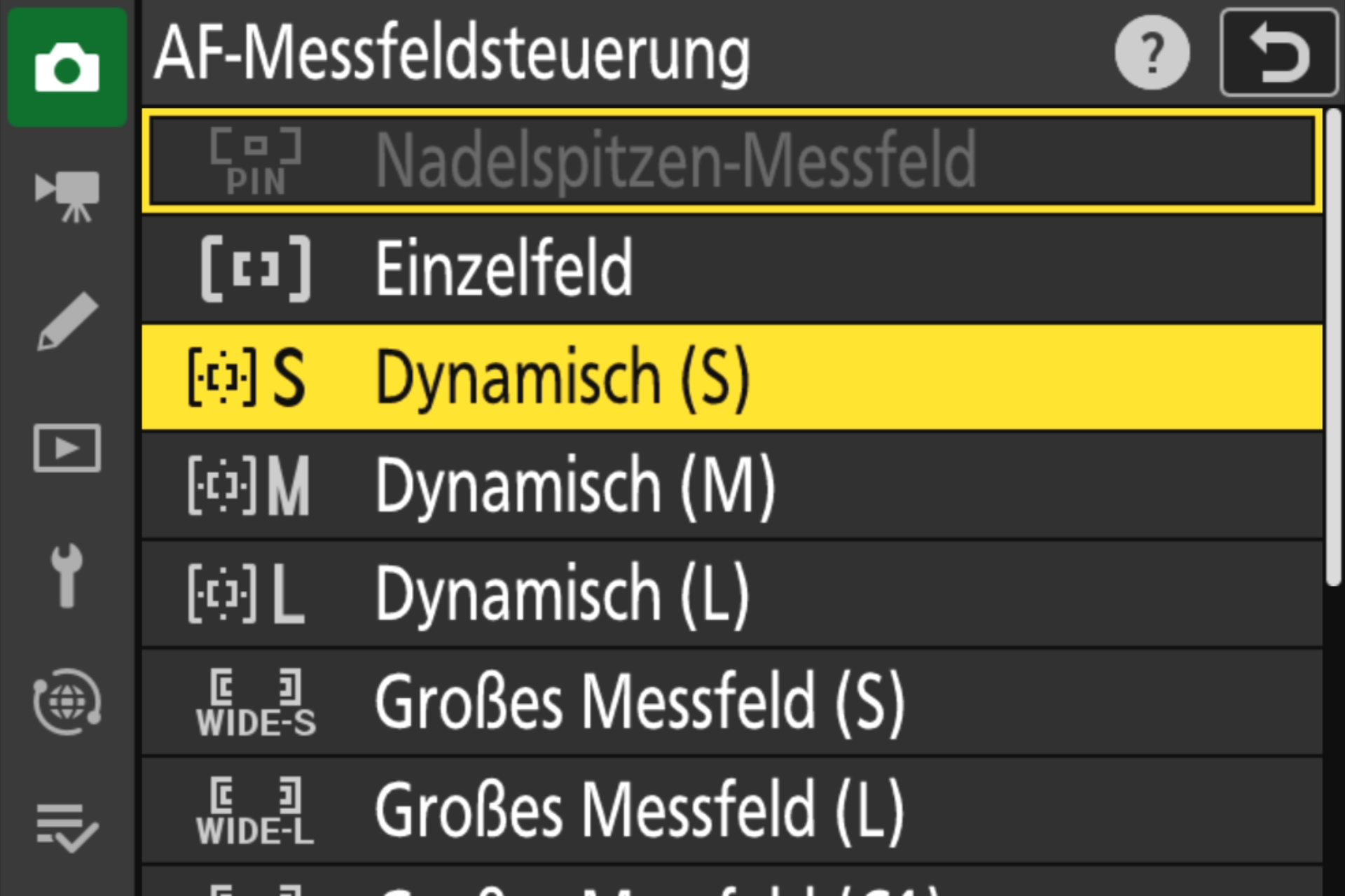 Menü für die Steuerung der AF-Messfelder.