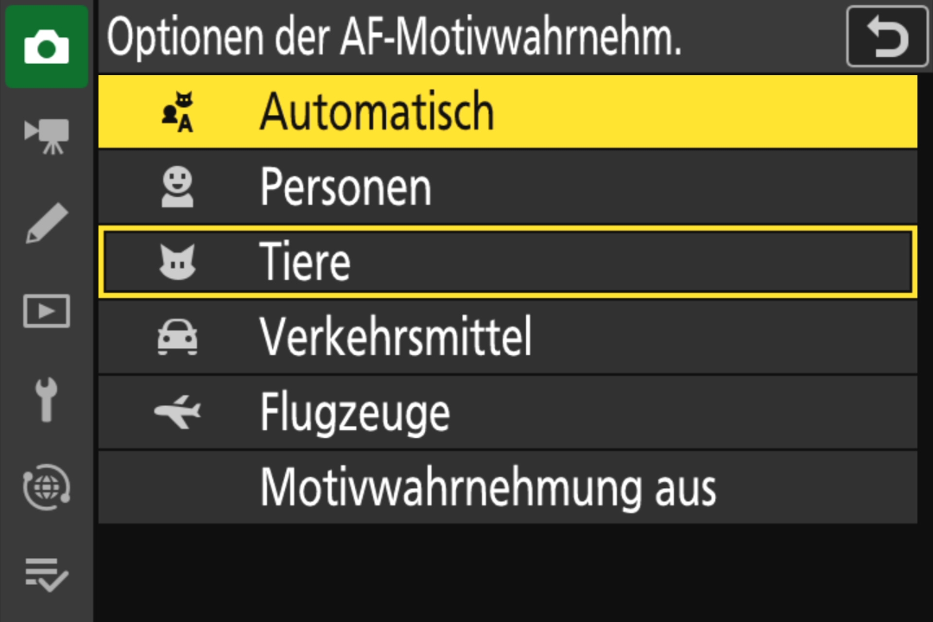 Menü zur Auswahl der AF-Motiverkennung, neu hinzugekommen ist «Flugzeuge».