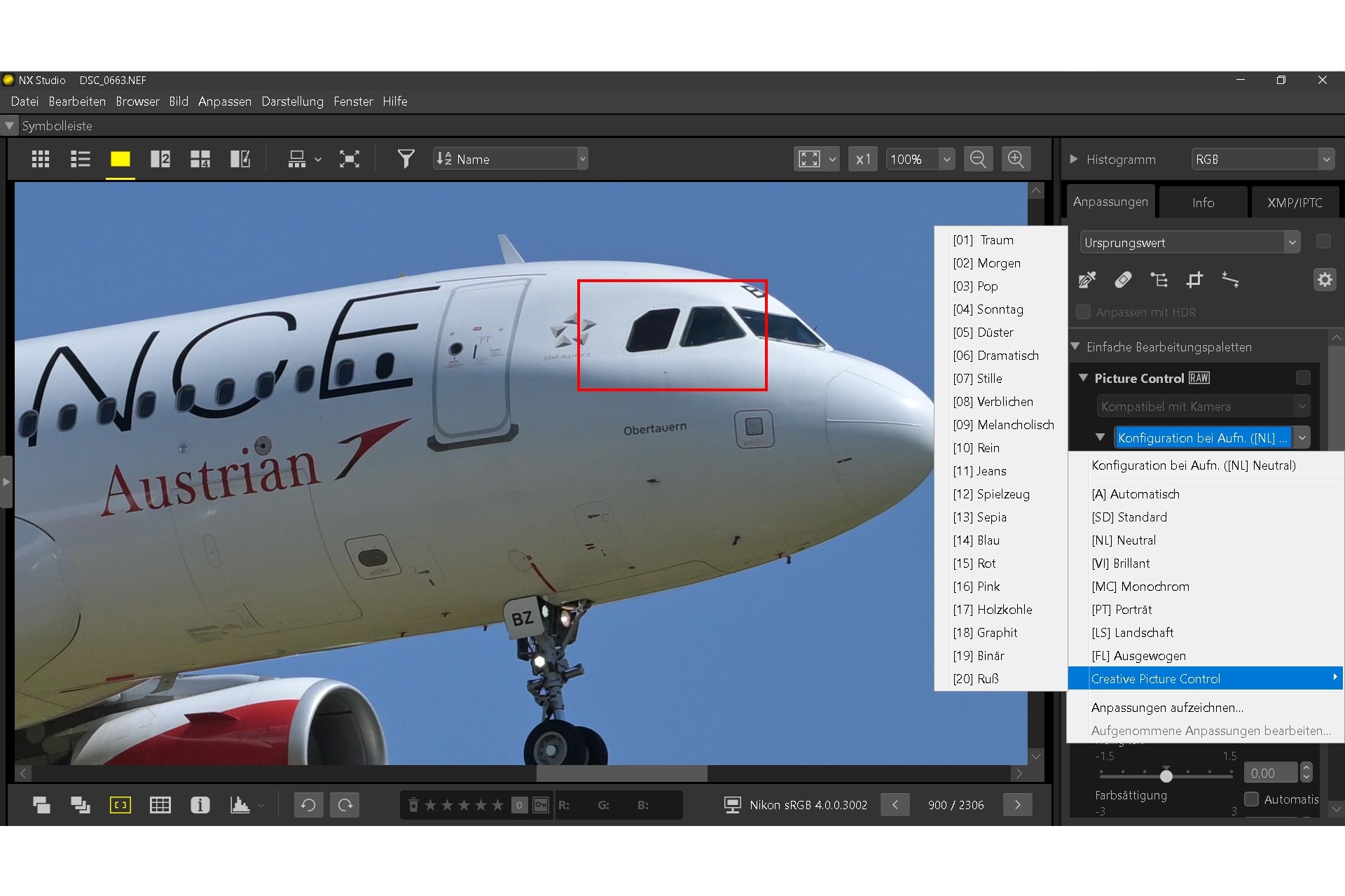 Das Flugzeug wurde erkannt und auf das Cockpit scharf gestellt.