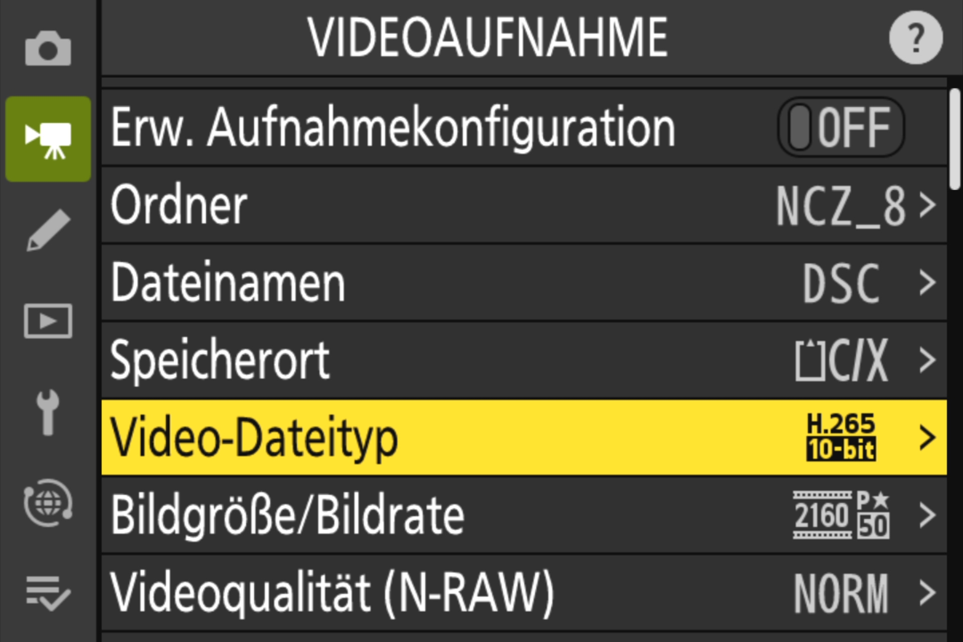 Menü Videoaufnahme: Video-Dateityp, Bildgrösse, Qualität.