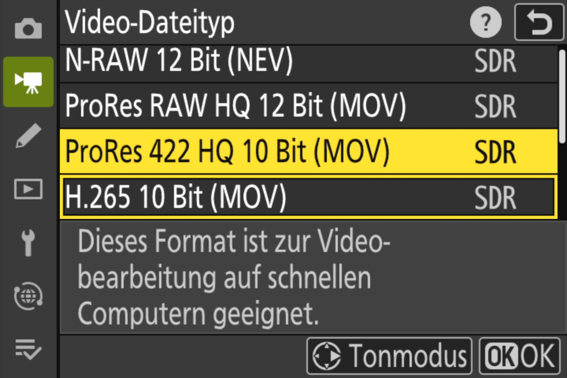 Menü Videoaufnahme: Video-Dateityp 01.