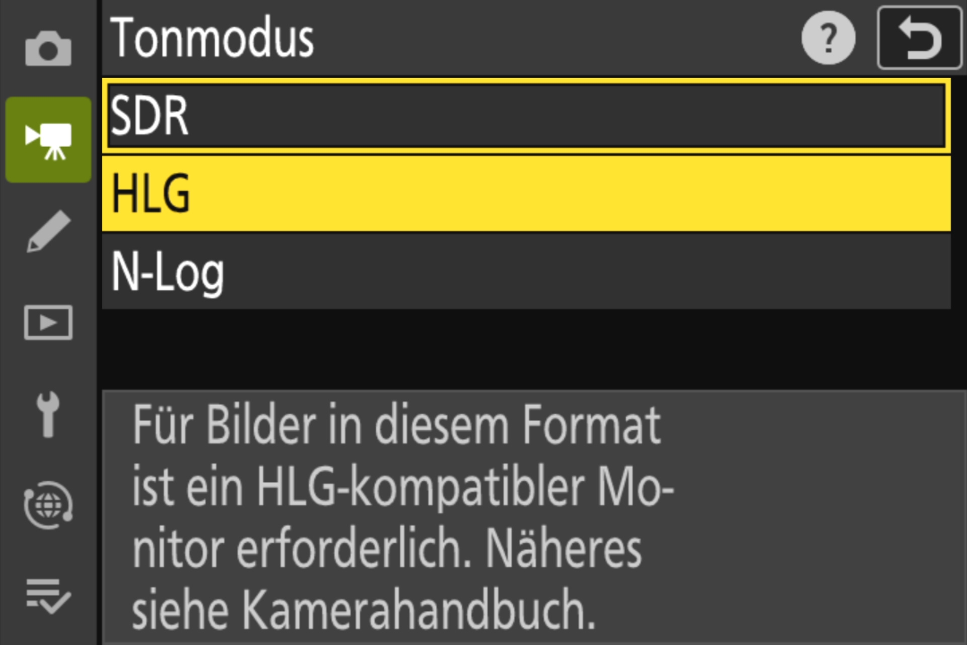Menü Videoaufnahme: Wahl des Dynamikbereichs, irreführend als «Tonmodus» übersetzt.