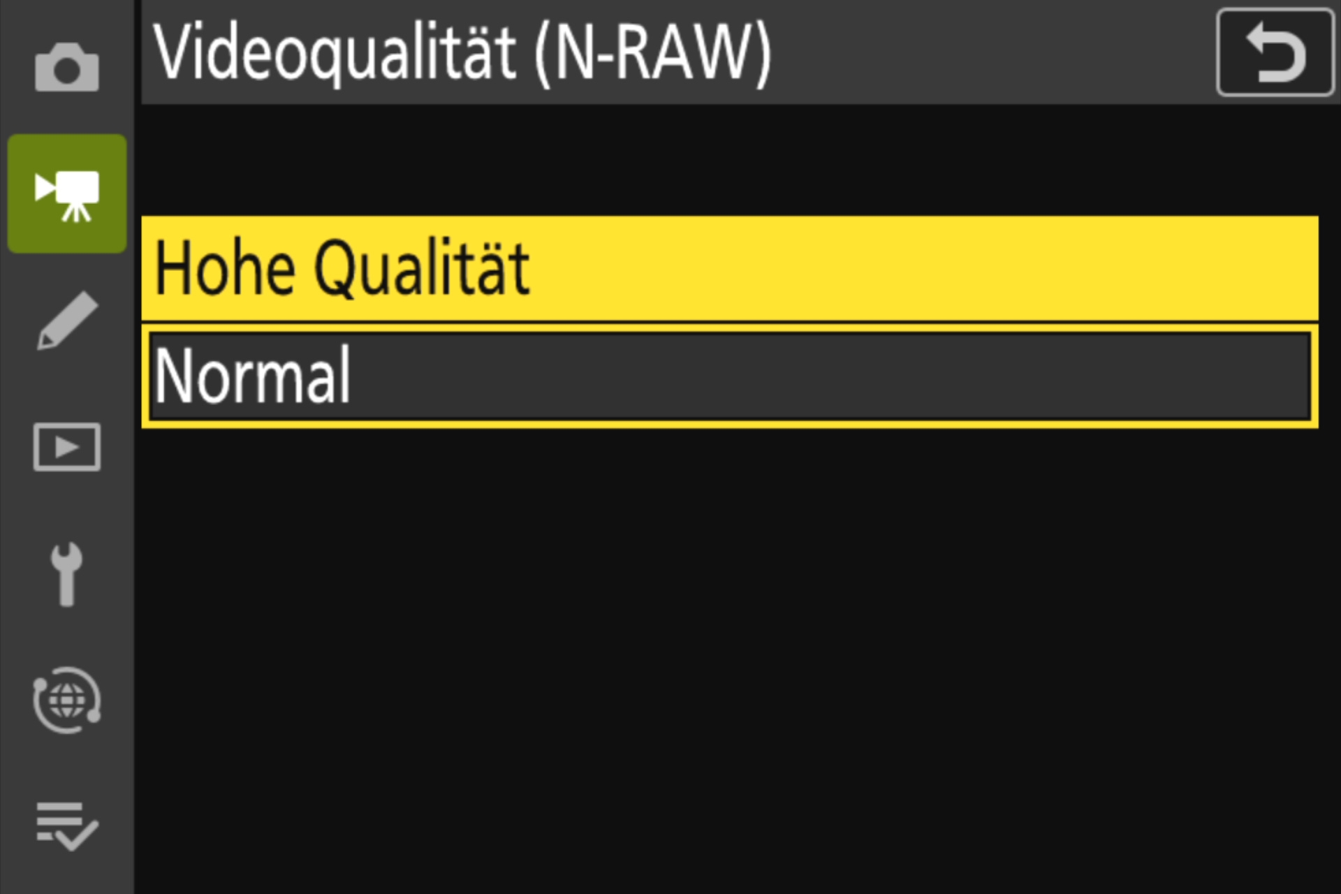 Menü Videoaufnahme: Videoqualität (N-RAW).