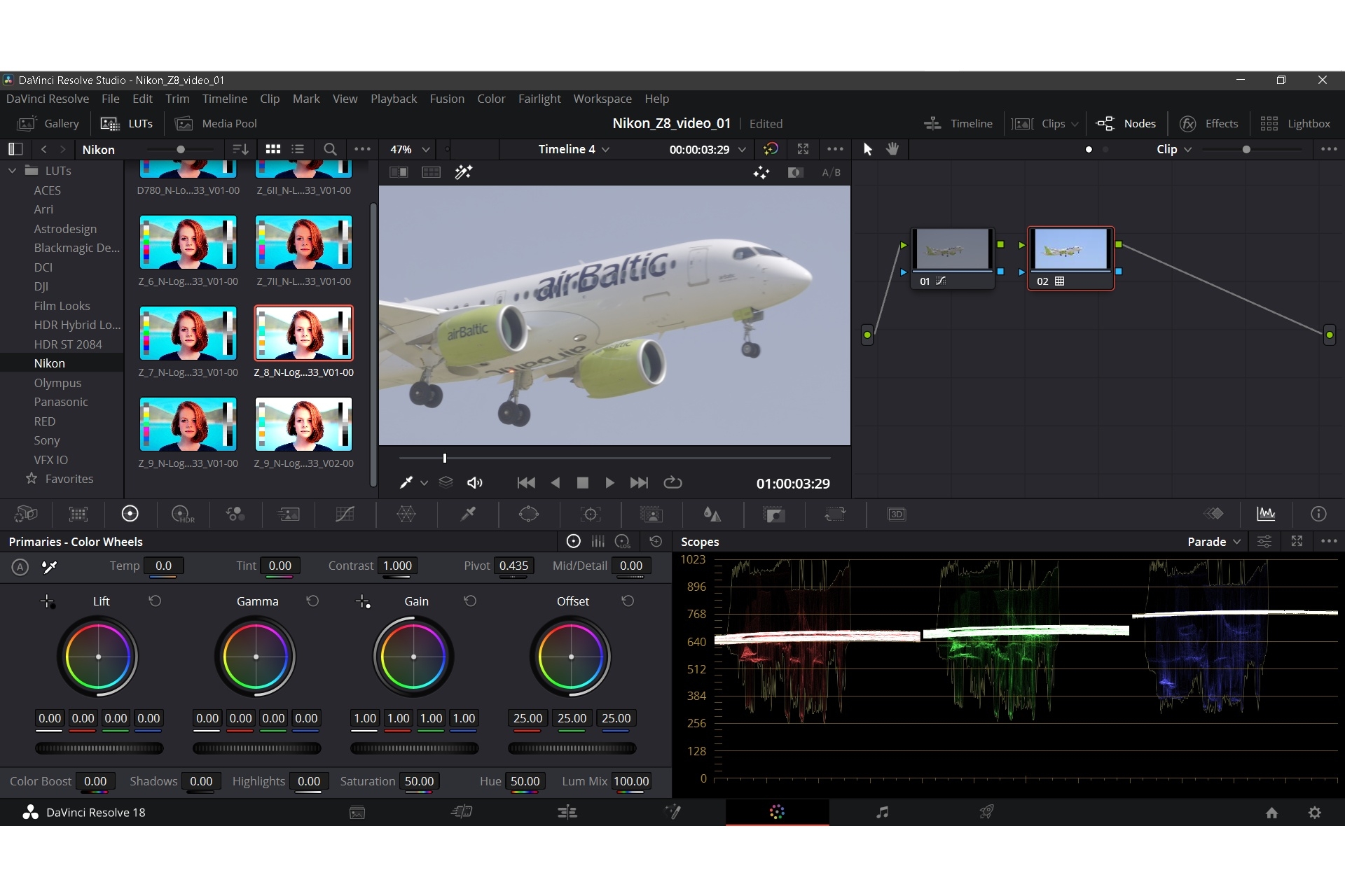 Die «N-Log»-Aufnahmen wurden in die Videoschnittsoftware DaVinci Resolve eingelesen und in der Farbabteilung zwei «Nodes» erstellt (rechts im Bild).
