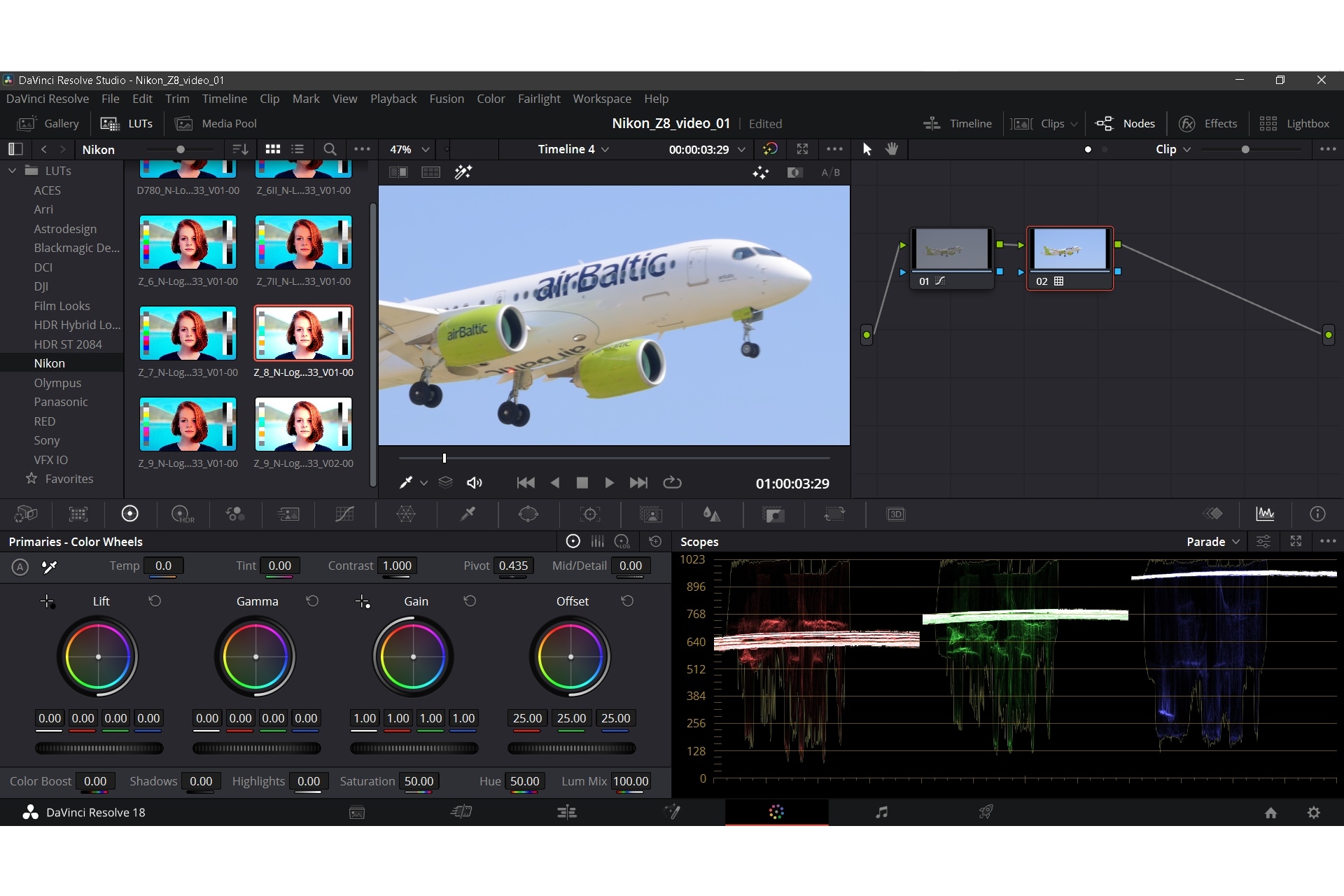 Die N-Log 3D LUT von Nikon wurde in DaVinci Resolve geladen und auf das rechte «Node» gezogen. Das Videobild ist nun «gegraded» und erscheint kräftiger in Farbe und Kontrast.