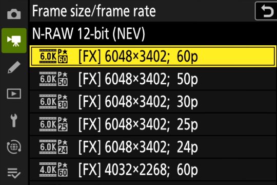 Nikon Z6 III Videobildgrössen und -raten: In N-RAW sind 6K-Aufnahmen mit bis zu 60 Bildern pro Sekunde möglich.